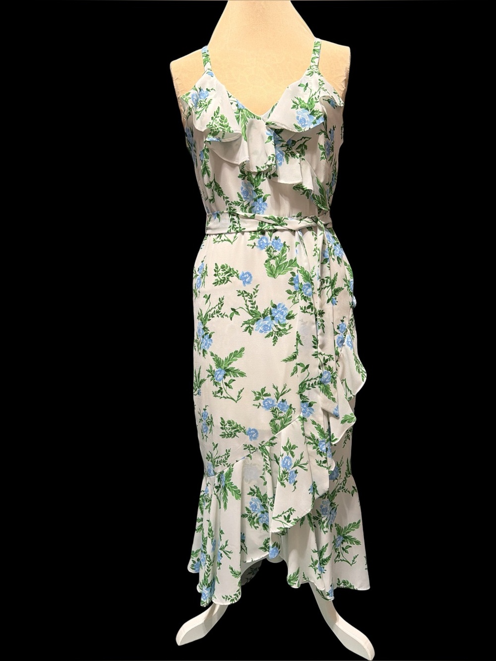 Floral Ruffle Midi Dress in Cream with Blue & Green Print
